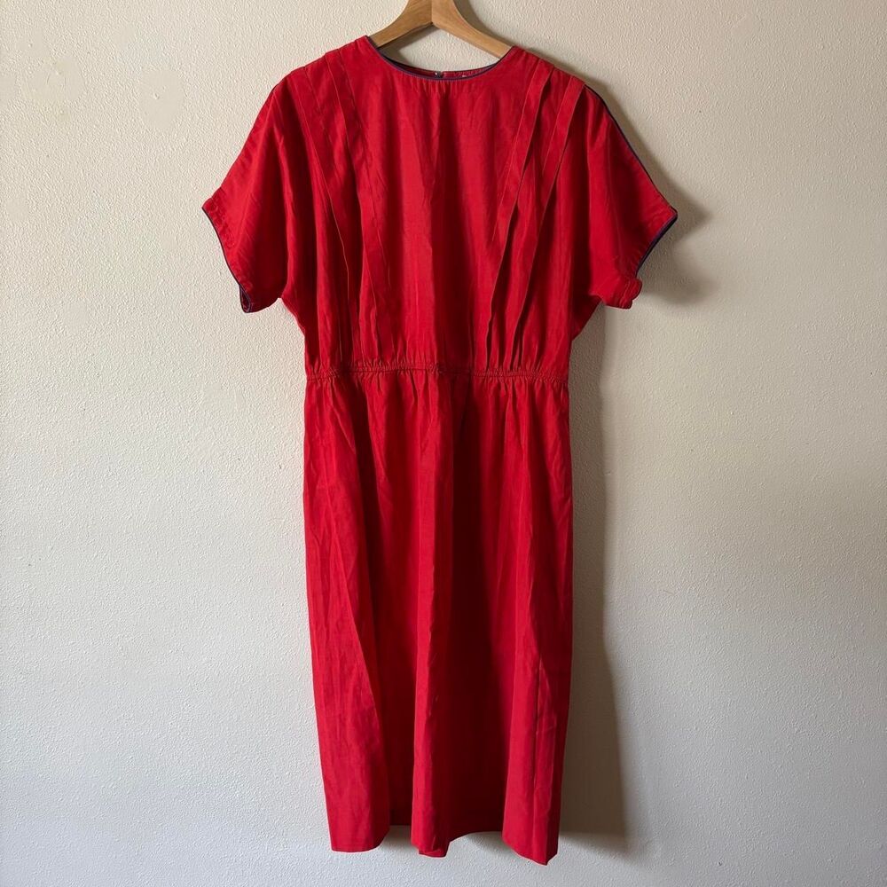 Vintage 1980s Leslie Fay Red Dress Pin Fold Midi Short Sleeve XL